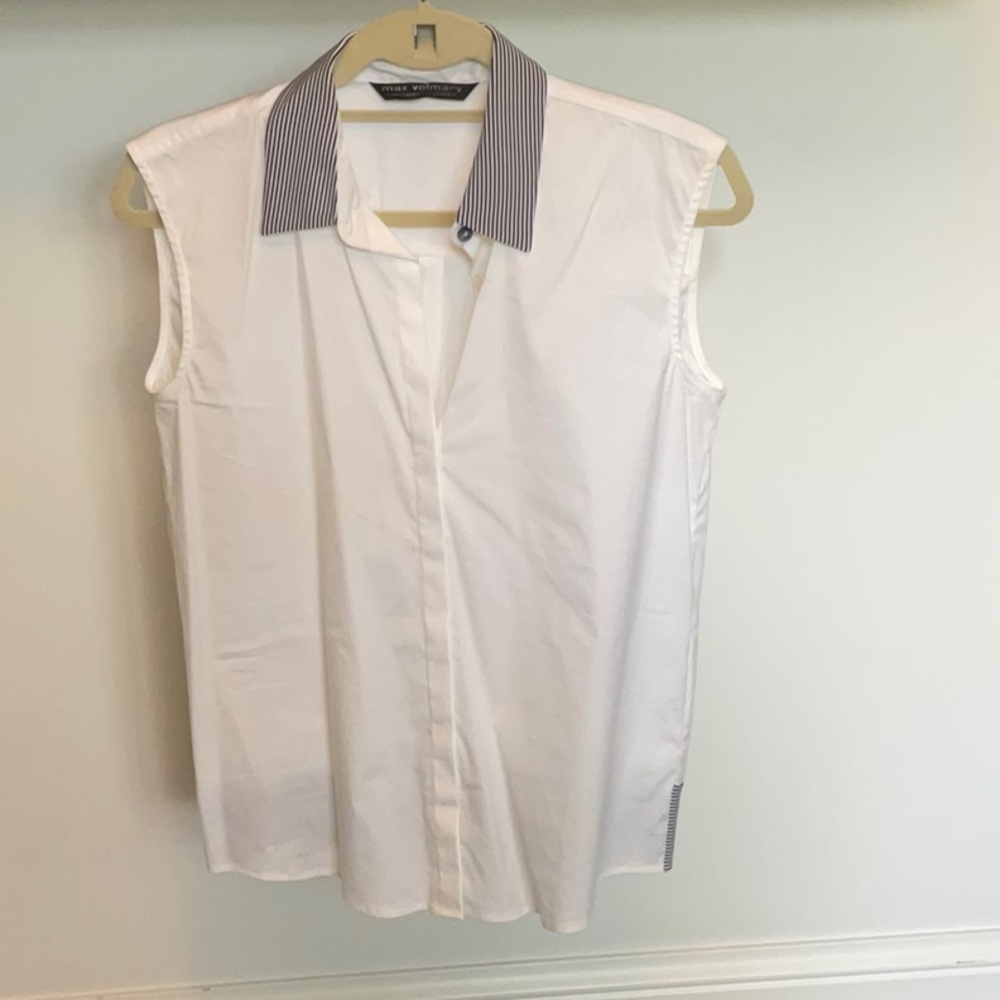 Max Volmary White Tank Blouse with Striped Collar and Hem